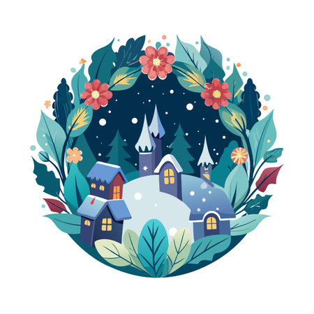 Winter Village Illustration with Floral Wreath, Flat Vector Design for Holiday Seasonのイラスト素材