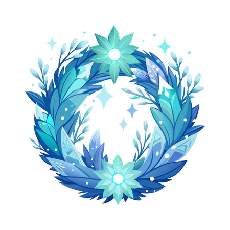 Blue Floral Wreath with Star Accents on White Background for Festive Designsのイラスト素材