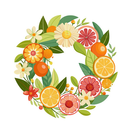 Citrus and floral wreath illustration on a white backdrop, vibrant and cheerful design.のイラスト素材
