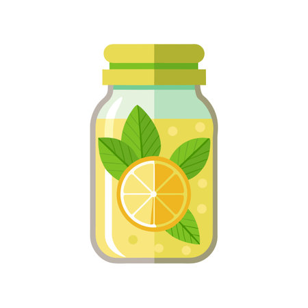 Lemonade Jar Illustration with Lemon Slice and Green Mint Leaves for Refreshment Conceptのイラスト素材