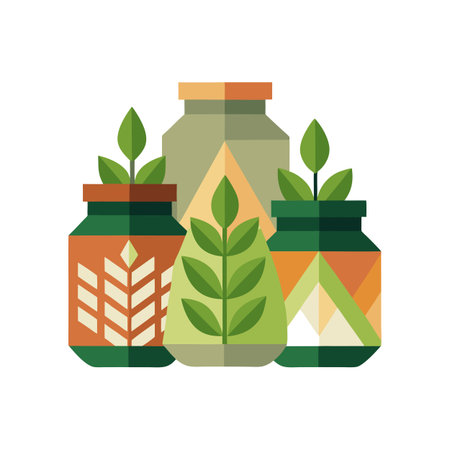Geometric styled jars with plants on white background for eco-friendly productsのイラスト素材
