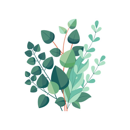 Elegant botanical illustration featuring various green leaves and stems arranged in a pleasing composition on white backgroundのイラスト素材