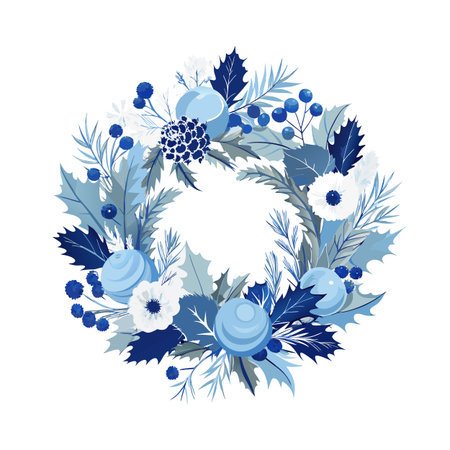 Winter Holiday Wreath Illustration with Blue and White Botanical Elements on White Backgroundのイラスト素材