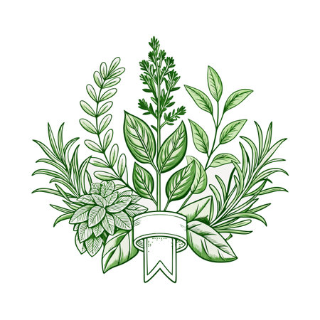 Assortment of Green Herbs and Decorative Ribbon Sketch Illustration on White Backgroundのイラスト素材