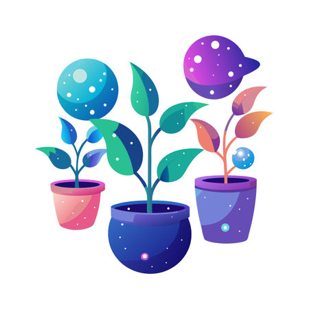 Three potted plants with colorful leaves and celestial decorations for indoor gardeningのイラスト素材