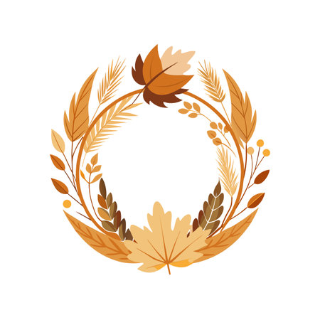 Autumnal Circle Frame with Leaves and Wheat in Warm Earthy Tones Against White Backgroundのイラスト素材