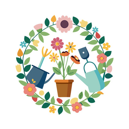 Floral Garden Wreath with Watering Cans and Potted Plant Illustration for Spring and Gardening Themesのイラスト素材