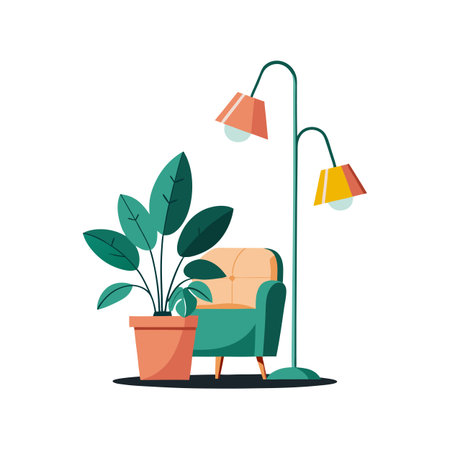 Cozy reading nook with armchair plant and lamp in minimalist flat vector styleのイラスト素材