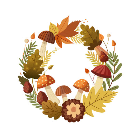 Autumn Wreath Illustration with Mushrooms, Leaves and Pine Cones for Fall Themed Designsのイラスト素材