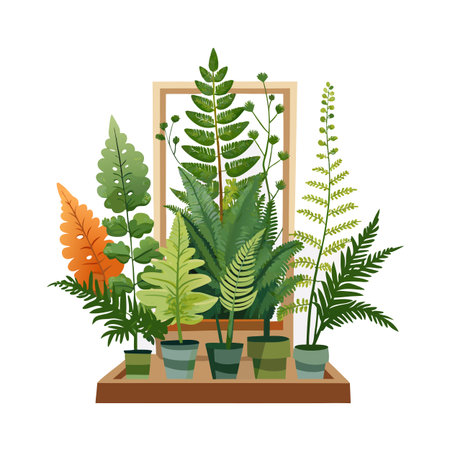 Indoor Fern Collection on Wooden Shelf with Frame Background, Flat Vector Styleのイラスト素材