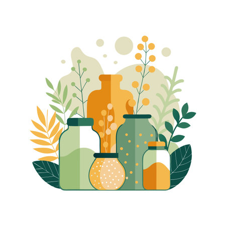 Elegant Assortment of Vases and Foliage in a Modern Flat Design Illustrationのイラスト素材