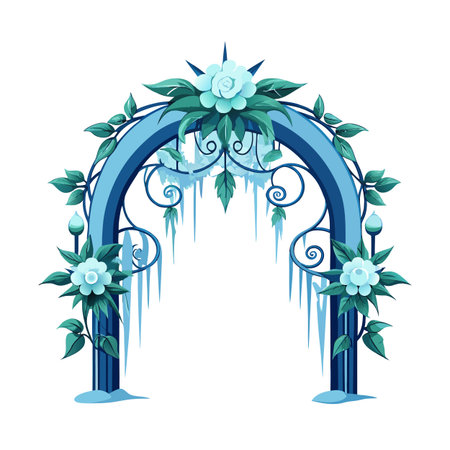 Winter Floral Archway with Icicles and Blue Flowers Isolated on White Backgroundのイラスト素材