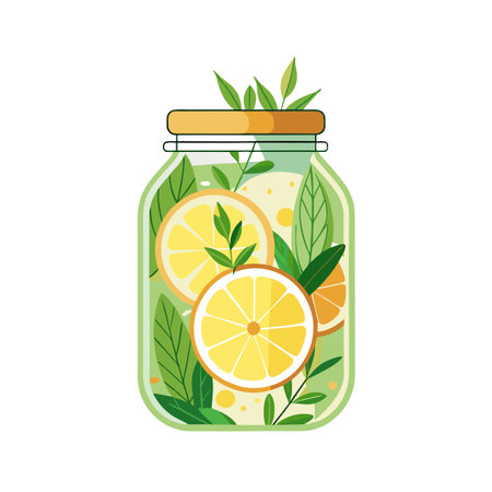 Refreshing lemonade jar featuring lemon slices and leaves on a clean white backgroundのイラスト素材