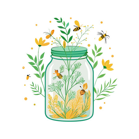 Vector illustration of jar containing flowers and insects on a white backgroundのイラスト素材