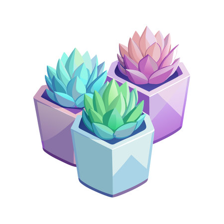Three potted succulent plants in pastel shades arranged on a white backgroundのイラスト素材