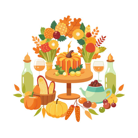 Festive Autumnal Still Life with Pumpkin Cake and Harvest Elements for Thanksgivingのイラスト素材