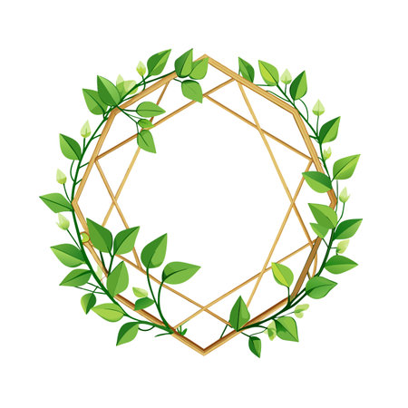 Elegant gold geometric frame adorned with lush green leaves and delicate floral buds on a white background.のイラスト素材