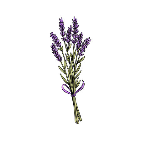 Elegant Hand-Drawn Lavender Bouquet with Ribbon on White Background, Floral Illustrationのイラスト素材