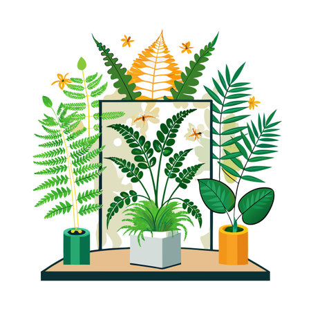 Indoor plants and botanical arrangement with ferns in colorful pots on a display shelfのイラスト素材
