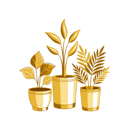 Three potted plants in gold tones against white background for interior design and decorationのイラスト素材