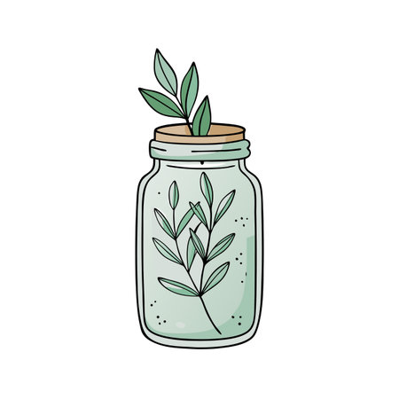 Hand-drawn illustration of a mason jar with greenery, isolated on white backgroundのイラスト素材