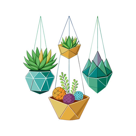 Geometric Hanging Planters with Succulents and Decorative Spheres on White Backgroundのイラスト素材