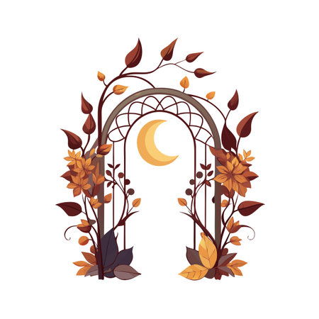 Floral Archway with Crescent Moon: A Decorative Illustration for Seasonal Designのイラスト素材