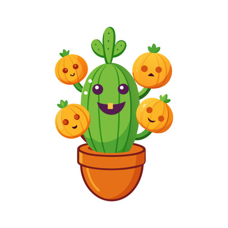 Cartoon Cactus with Pumpkins Around it in a Pot for a Halloween Themeのイラスト素材