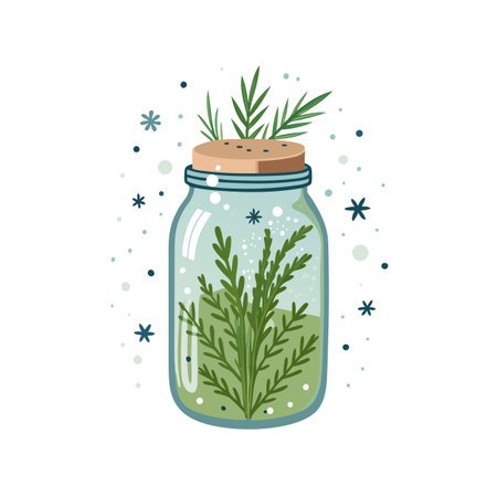 Boho glass jar with cork lid filled with abstract botanical plants illustrationのイラスト素材