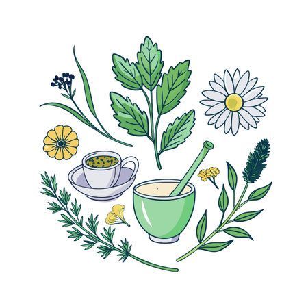 Herbal medicine ingredients and mortar composition for natural healthcare and wellnessのイラスト素材