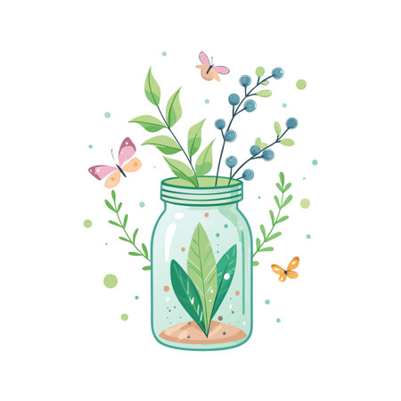 Whimsical illustration of plants in a jar with butterflies and pastel colorsのイラスト素材