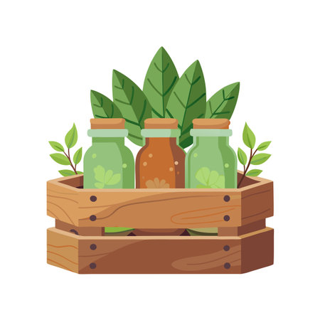 Wooden crate with three glass bottles containing herbs and surrounded by green leaves, flat designのイラスト素材