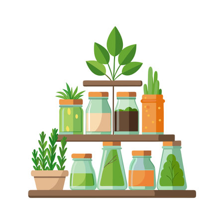 Flat design illustration of potted plants and plants in glass jars on shelvesのイラスト素材