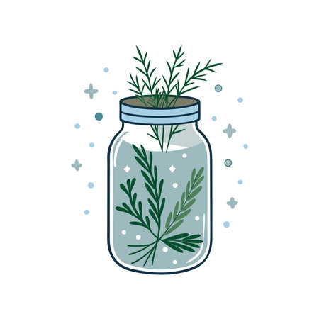 Whimsical Herbarium: Dill and Greenery in a Mason Jar Surrounded by Decorative Elementsのイラスト素材