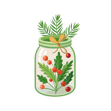 Festive Holiday Decoration: Mason Jar Filled with Red Berries and Greenery for Celebrationsのイラスト素材