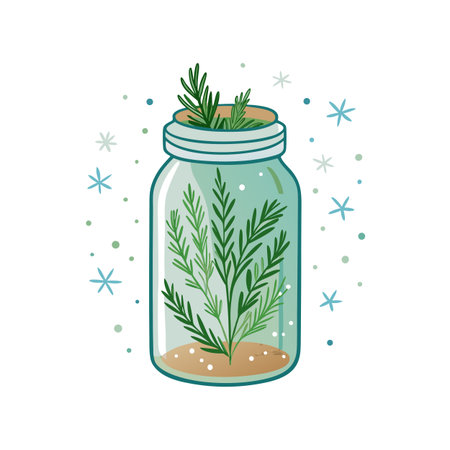 Mason Jar with Rosemary Sprigs and Decorative Elements on a White Backgroundのイラスト素材