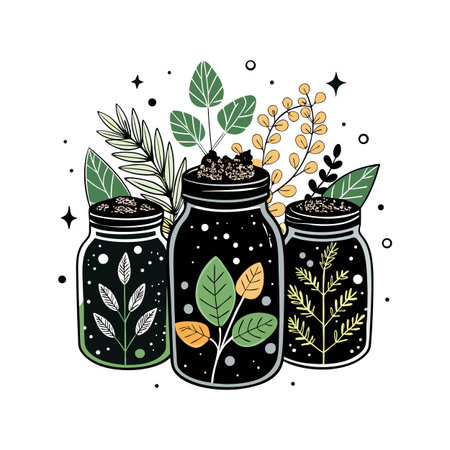 Aesthetic terrariums with plant life, set against a clean white background and a decorative botanical design.のイラスト素材