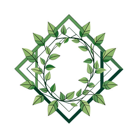 Elegant Green Leaf Wreath within Diamond Frame for Botanical Designs and Invitationsのイラスト素材