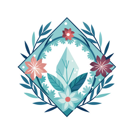 Geometric floral frame with crystal in shades of blue, pink and green colorsのイラスト素材