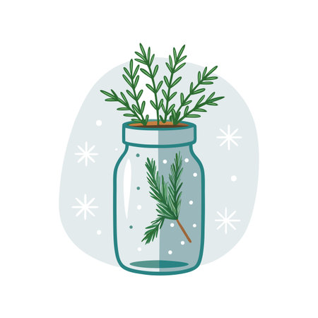 Rosemary sprigs in a glass jar with a wintery background; vector illustration.のイラスト素材