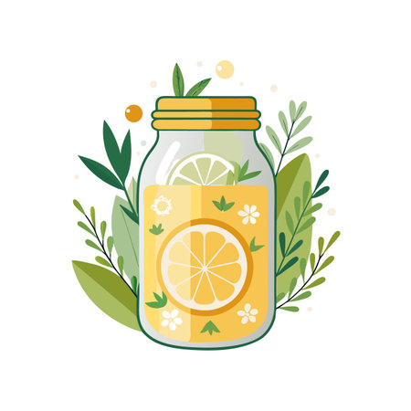 Refreshing Lemonade Jar with Botanical Elements, Flat Style Illustration for Summertime Themesのイラスト素材