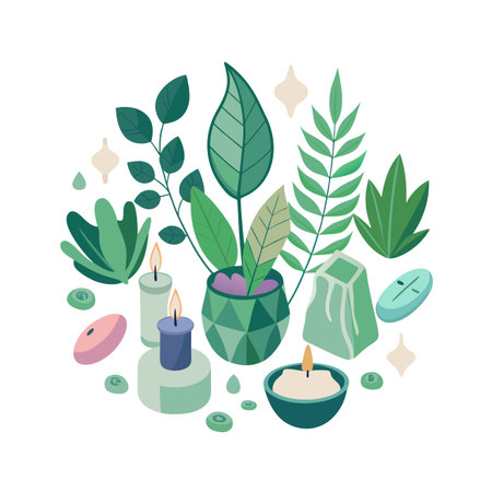 Serene Spa Arrangement: Flat Vector Illustration of Plants and Candles for Relaxationのイラスト素材