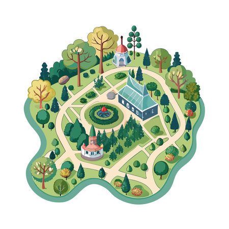 Stylized isometric view of a landscaped park with buildings trees paths and fountainのイラスト素材