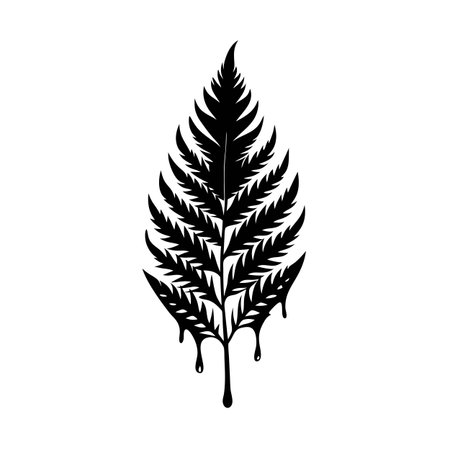 Stylized black and white fern frond dripping with dark liquid on a white background.のイラスト素材
