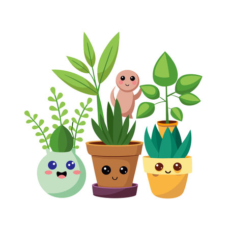 Collection of Smiling Potted Plants and Cartoon Character, Flat Vector Illustration on Whiteのイラスト素材
