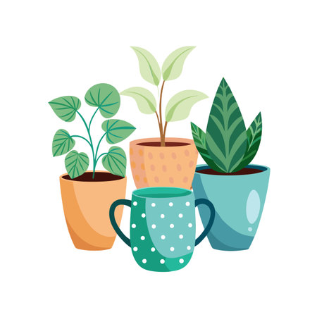 Arrangement of Four Potted Plants and a Cup in a Clean Minimalist Styleのイラスト素材