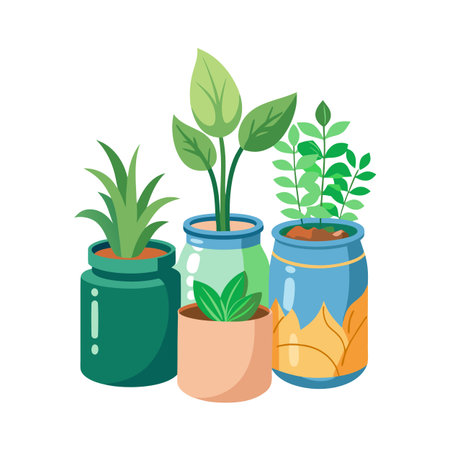 Collection of potted plants in decorative containers on a white background, studio shotのイラスト素材
