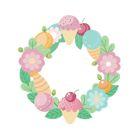 Cheerful Floral Wreath with Ice Cream Cones and Cherries on White Backgroundのイラスト素材