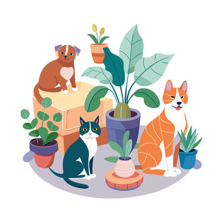 Happy pets and plants in a bright, modern, vector illustration style.のイラスト素材