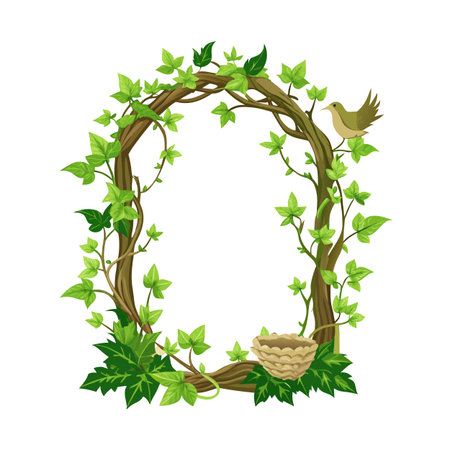 Botanical frame with bird, nest, and green foliage for spring or natural designsのイラスト素材
